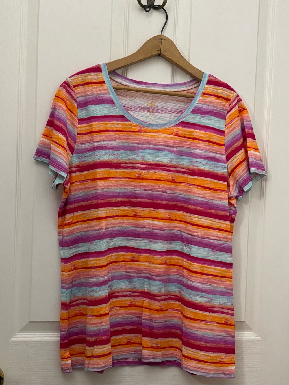 Striped Short-Sleeve Scoop Neck Top in Pink and Orange